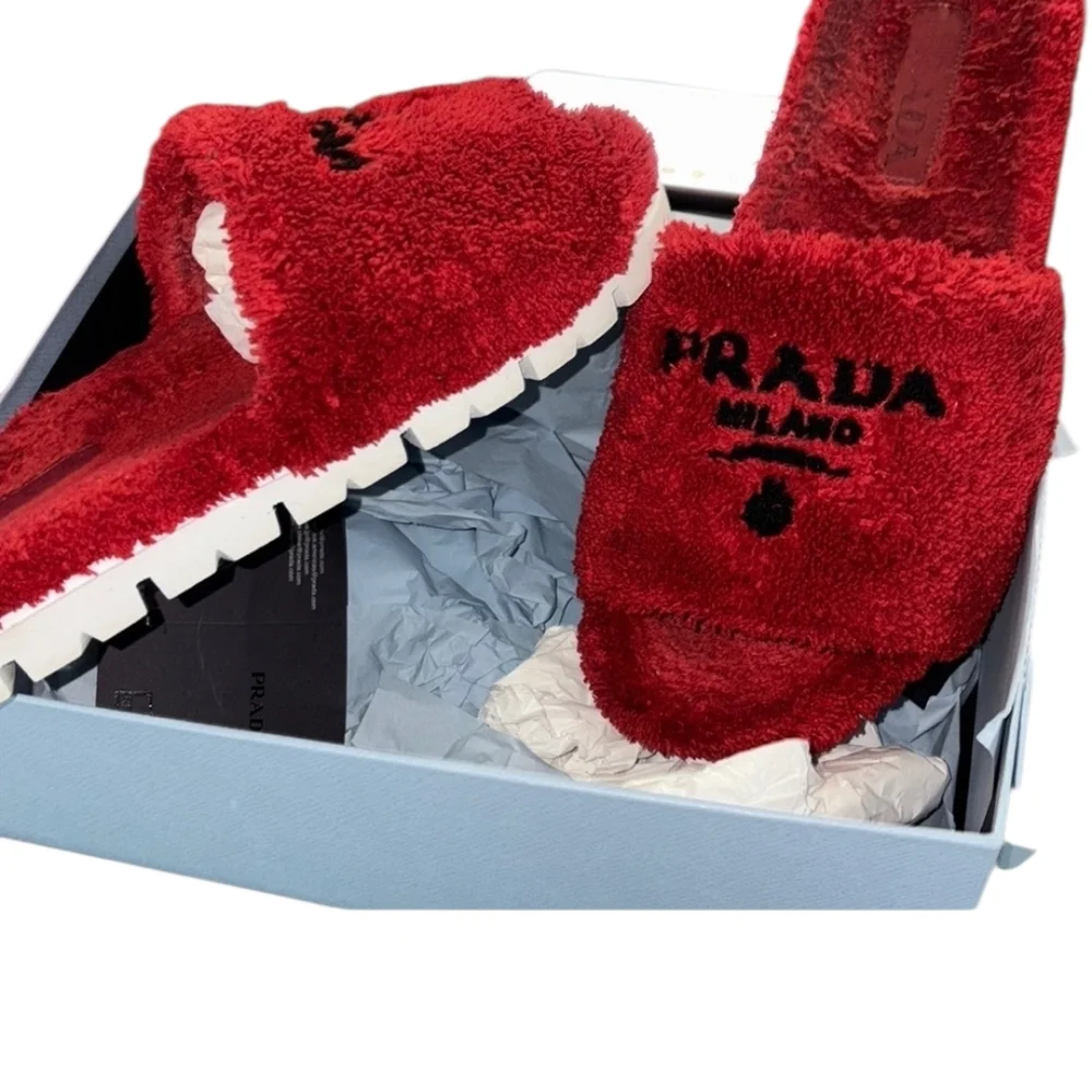 Prada Milano Red Fuzzy Slides - Picture 5 of 9